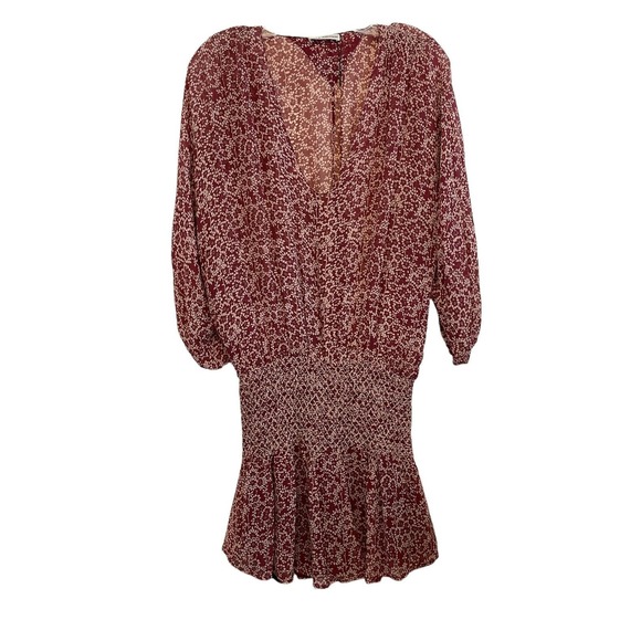 Ulla Johnson Samira Drop Waist Size 2‎ Silk Bordeaux Red Floral Sheer Smocked - Picture 1 of 6